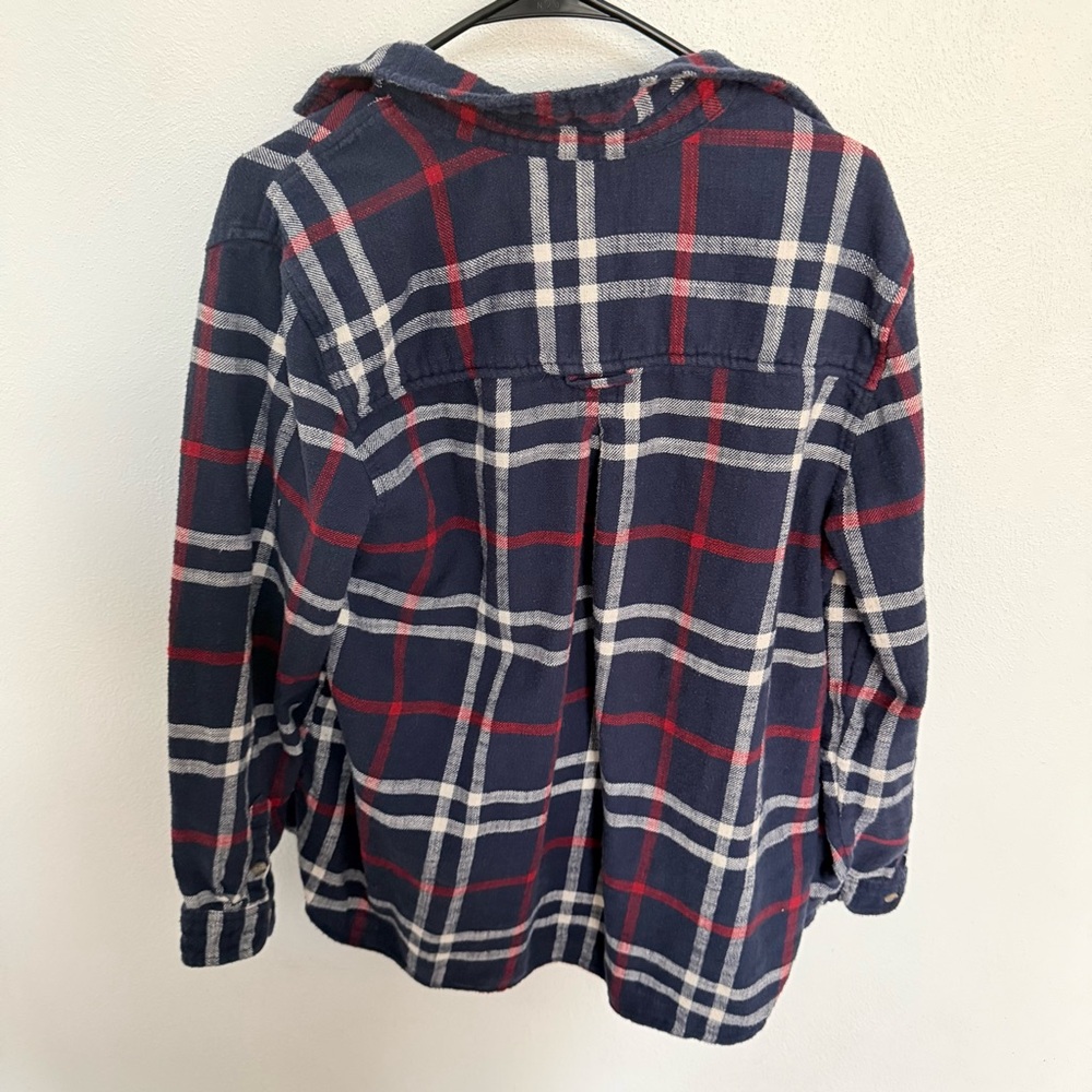 American Eagle Boyfriend Fit Navy Plaid Button Down Shirt - Picture 5 of 7